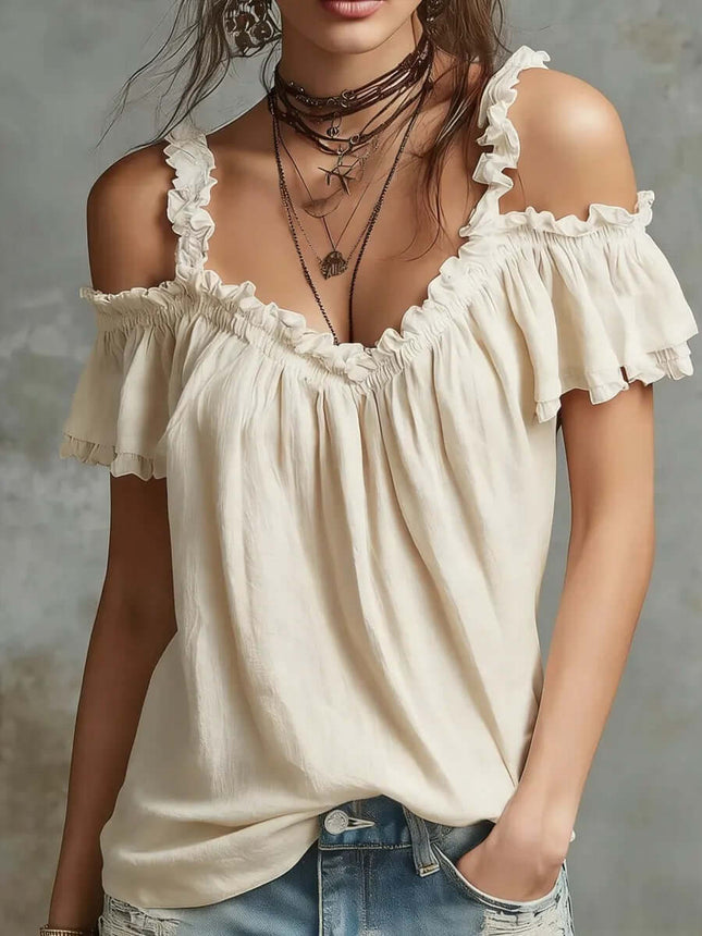 Summer Off-Shoulder Blouse Top Ruffled Short Sleeve Shirt delicate ruffle trim edge detailing on short flutter sleeves.
