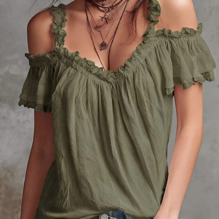 Summer Off-Shoulder Blouse Top Ruffled Short Sleeve Shirt earthy khaki palette looking clean and sophisticated for streetwear.
