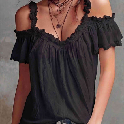 Summer Off-Shoulder Blouse Top Ruffled Short Sleeve Shirt modern slim-fit stretch texture closeup focusing on fabric premium knit.