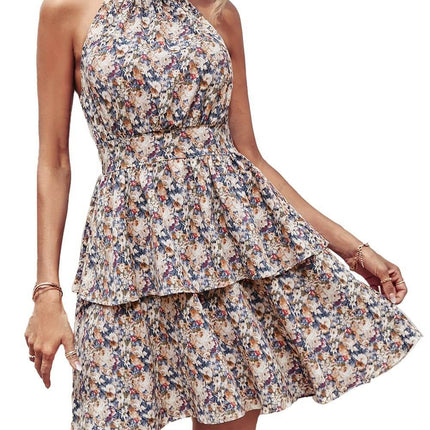 Summer Printed Halter Backless Ruffled A-Line Beach Dress in floral design worn by a model.
