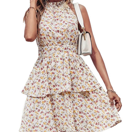 Summer Printed Halter Backless Ruffled A-Line Beach Dress in floral print with a stylish handbag.