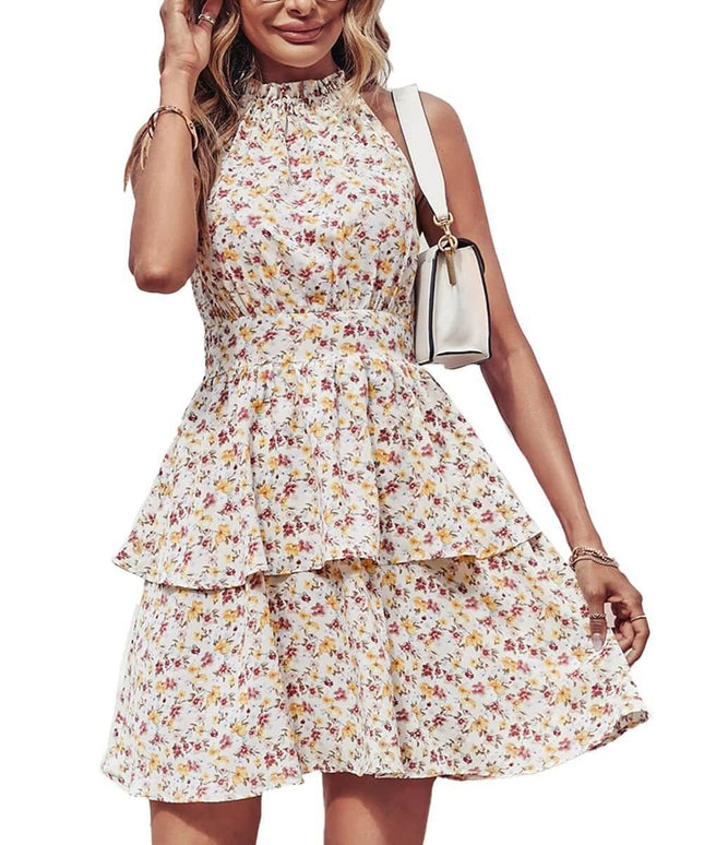 Summer Printed Halter Backless Ruffled A-Line Beach Dress in floral print with a stylish handbag.