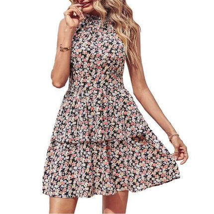 Summer Printed Halter Backless Ruffled A-Line Beach Dress in floral print with tiered skirt and halter neck design.