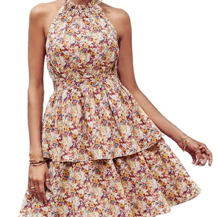 Summer Printed Halter Backless Ruffled A-Line Beach Dress featuring a floral pattern and a flattering fit.