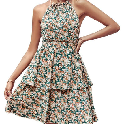 Summer Printed Halter Backless Ruffled A-Line Beach Dress on a model, featuring floral print and tiered design.