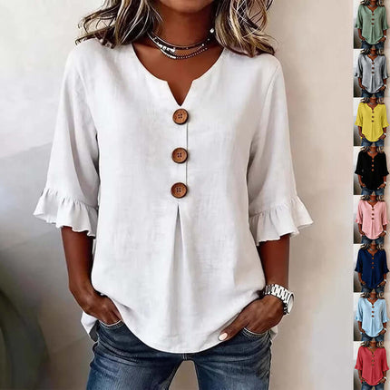 Summer Ruffled Sleeve Top Loose Casual V-Neck Shirt size S features a 68cm length and 96cm bust layout.