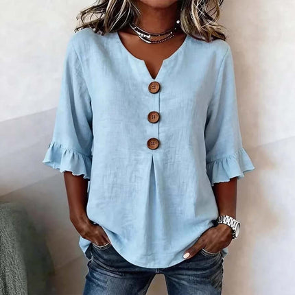 Summer Ruffled Sleeve Top Loose Casual V-Neck Shirt size S detailed with a 42cm comfortable sleeve width.