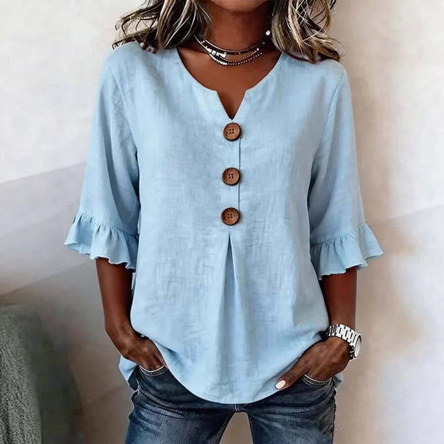 Summer Ruffled Sleeve Top Loose Casual V-Neck Shirt size S detailed with a 42cm comfortable sleeve width.