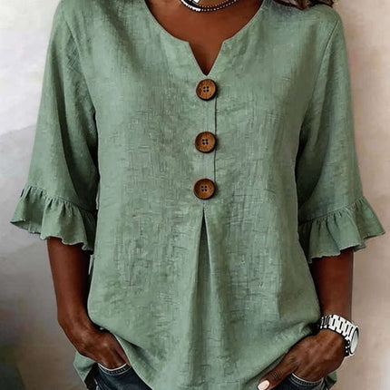 Summer Ruffled Sleeve Top Loose Casual V-Neck Shirt showcasing subtle frontal buttons decoration alongside the V-neck cutout.