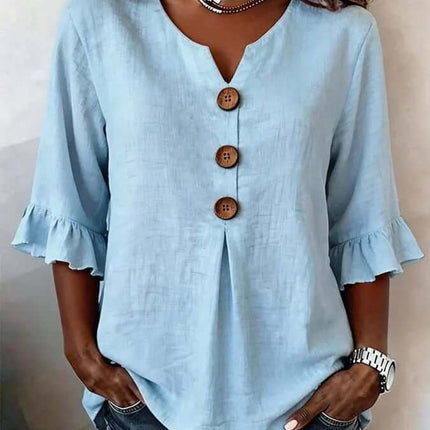 Summer Ruffled Sleeve Top Loose Casual V-Neck Shirt showing lightweight soft texture drape perfect for warm weather.