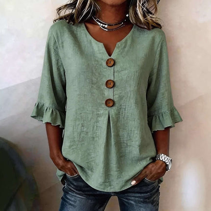Summer Ruffled Sleeve Top Loose Casual V-Neck Shirt size M showing 69cm length with a 100cm bust line.