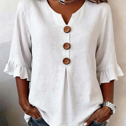 Summer Ruffled Sleeve Top Loose Casual V-Neck Shirt size L displaying 70cm length metrics and 106cm bust lines.