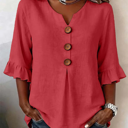 Summer Ruffled Sleeve Top Loose Casual V-Neck Shirt size XL outlining a 71cm casual shirt length layout.