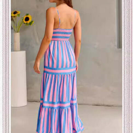 Back view of Summer Striped Suspender Long Beach Dress with Pockets in pink and blue stripes.