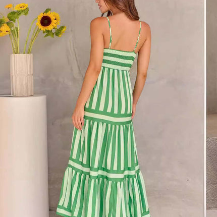 Summer Striped Suspender Long Beach Dress with Pockets in green and white stripes, featuring a flowy skirt and straps.