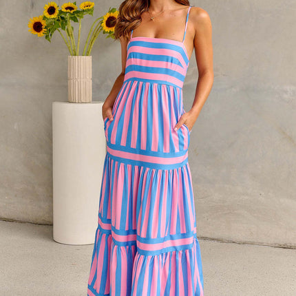 Summer Striped Suspender Long Beach Dress with Pockets displayed on model with sunflowers in background.