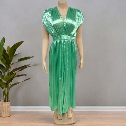 Summer V Neck Pleated Sleeveless Maxi Dress in vibrant green color with stylish pleats, displayed on a mannequin.
