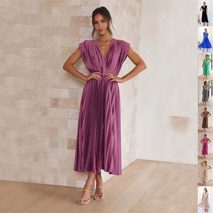 Summer V Neck Pleated Sleeveless Maxi Dress in purple with elegant pleats and a stylish design.