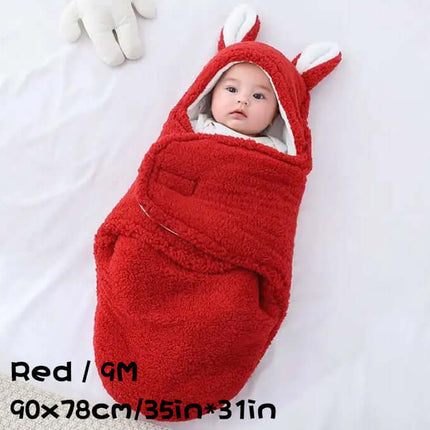Super Soft Baby Sleeping Bag Fluffy Fleece Swaddle in red color with bunny ears, suitable for infants.