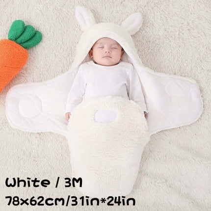Super Soft Baby Sleeping Bag Fluffy Fleece Swaddle on a baby with bunny ears design, white color, and cozy fabric.