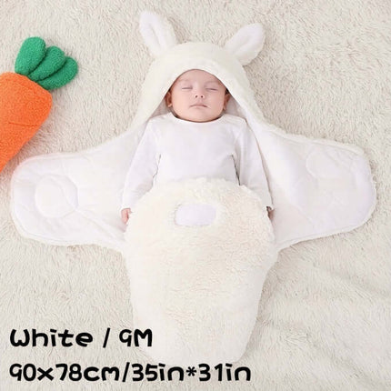 Super Soft Baby Sleeping Bag Fluffy Fleece Swaddle in white, featuring a cute bunny design with ears and a cozy interior.