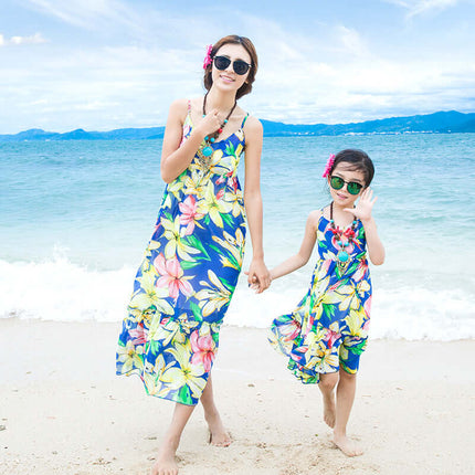 Sweet Sling Chiffon Girls Beach Dress blue floral print.