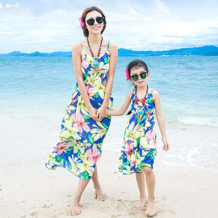 Sweet Sling Chiffon Girls Beach Dress parent child matching.