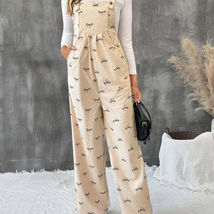 Sweet Style Bow Corduroy Jumpsuit Leisure Suspender brown front view