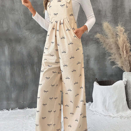 Sweet Style Bow Corduroy Jumpsuit Leisure Suspender bow tie shoulder detail