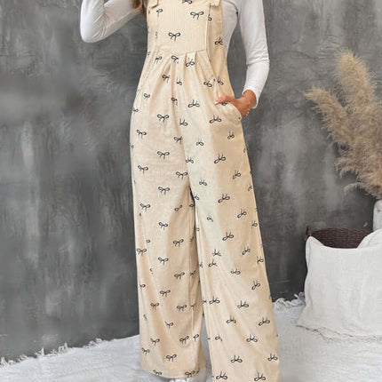 Sweet Style Bow Corduroy Jumpsuit Leisure Suspender slant pocket close up