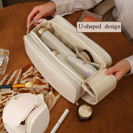 Three-layer Double Zipper U-shaped Design Cosmetic Bag elegant brown skin care bag.