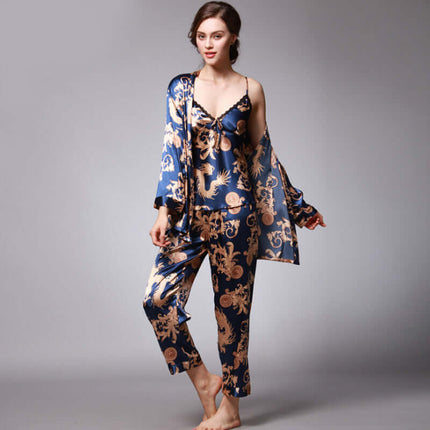 Three-piece silk pajamas for women V-neck Set black color.