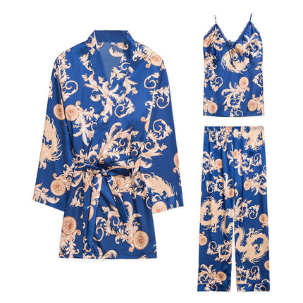 Three-piece silk pajamas for women V-neck Set artificial silk fabric.