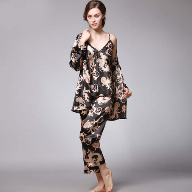 Three-piece silk pajamas for women V-neck Set wine red luxury.