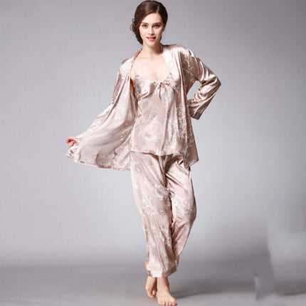 Three-piece silk pajamas for women V-neck Set long sleeve top.