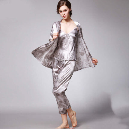 Three-piece silk pajamas for women V-neck Set royal blue suit.