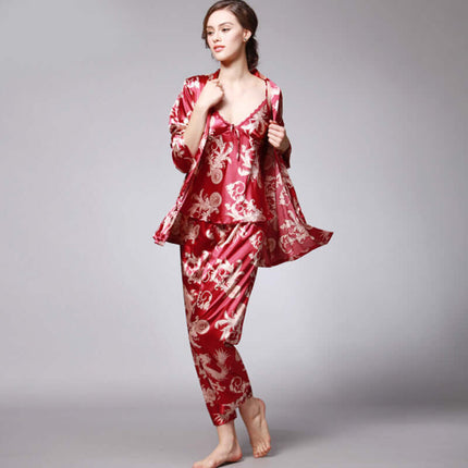 Three-piece silk pajamas for women V-neck Set polyester fiber material.
