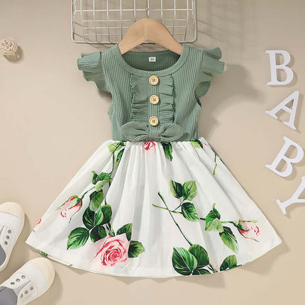 Toddler Baby Girls Summer Sleeveless Casual Dress featuring a green top and floral skirt design.