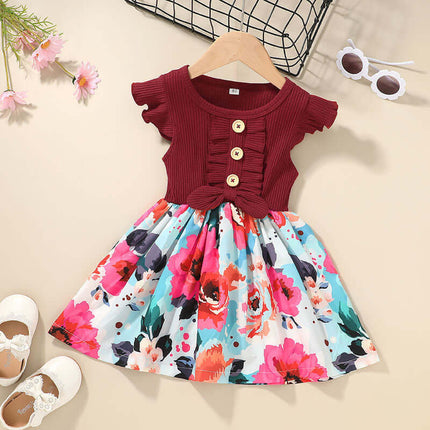 Toddler Baby Girls Summer Sleeveless Casual Dress featuring floral print and buttons on a maroon top.