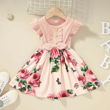 Toddler Baby Girls Summer Sleeveless Casual Dress featuring floral design and button details.