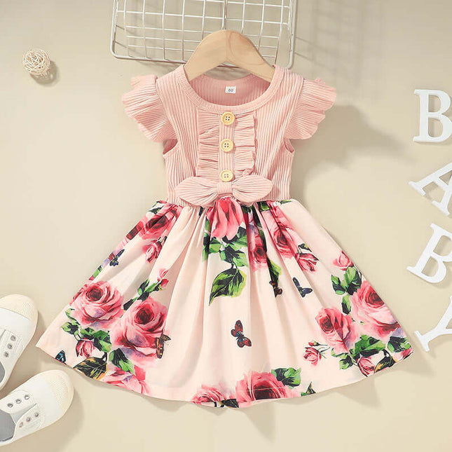 Toddler Baby Girls Summer Sleeveless Casual Dress featuring floral design and button details.