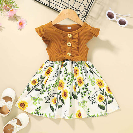 Toddler Baby Girls Summer Sleeveless Casual Dress featuring a floral skirt and ruffled sleeves, perfect for warm weather.