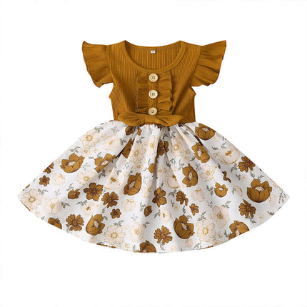 Toddler Baby Girls Summer Sleeveless Casual Dress featuring a floral skirt and buttoned bodice.