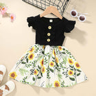 Toddler Baby Girls Summer Sleeveless Casual Dress featuring a black bodice and a floral sunflower skirt.