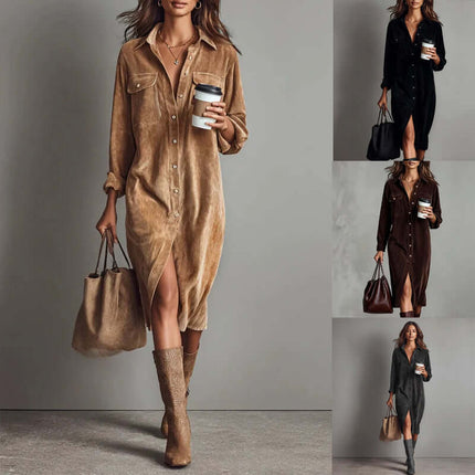 ​Turn Down Collar Buttons Dress women casual outfit.