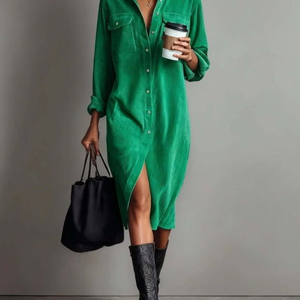 Turn Down Collar Buttons Dress solid color simple style.