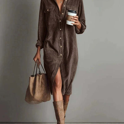 Turn Down Collar Buttons Dress wide waist design.