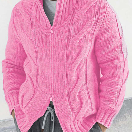 turtleneck cable zipper knitted cardigan jacket for men wear closeup