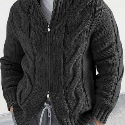 turtleneck cable zipper knitted cardigan jacket for men wear fabric detail