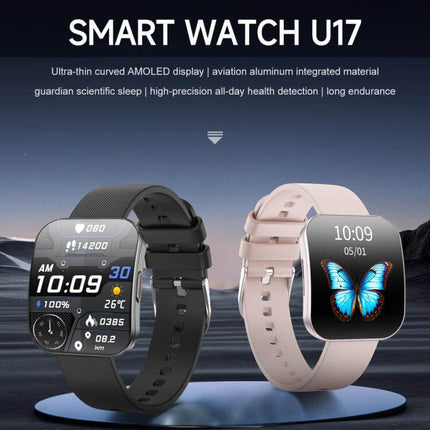 U17 Ultra Thin Curved Screen AMOLED Sports Smart Watch displaying two color options with health tracking features.